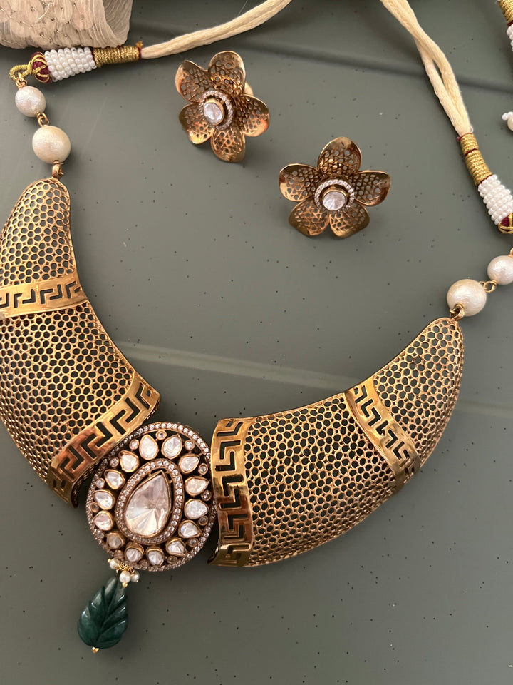 Exquisite Silver Kundan Polki Necklace Set with Carved Emerald Drop