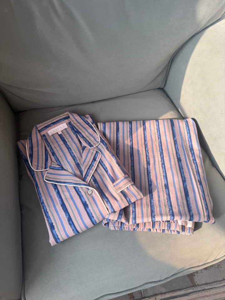 Striped Cotton Pajama Set, Indian Print Night Suit