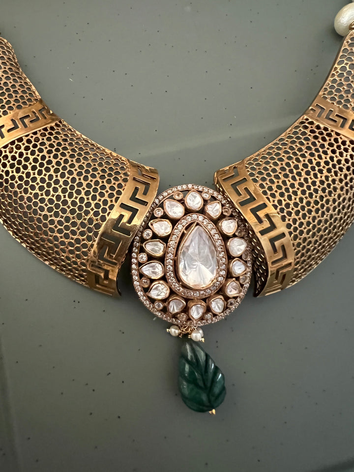 Exquisite Silver Kundan Polki Necklace Set with Carved Emerald Drop