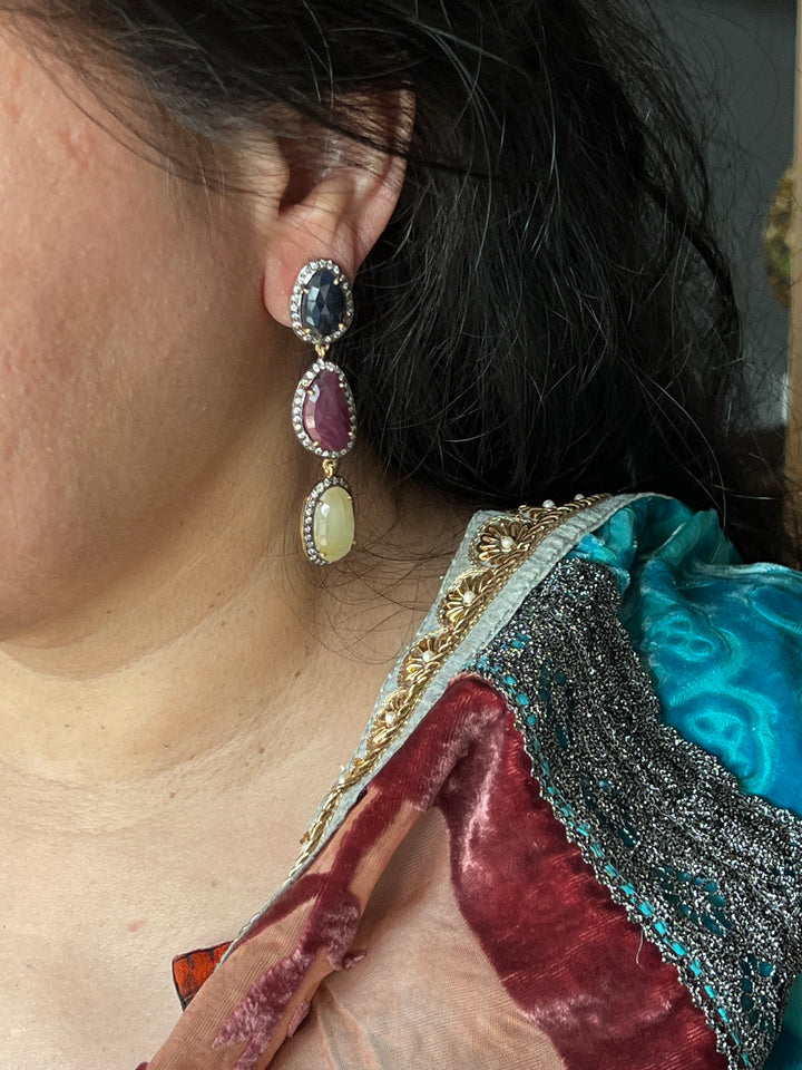 Elegant Pure Silver Multi Sapphire Earrings/ Real Silver Jewlery/ Pure Silver Earrings/ Silver Lovers