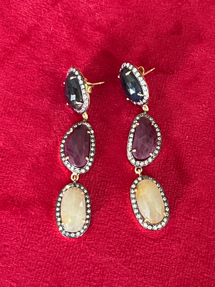 Elegant Pure Silver Multi Sapphire Earrings/ Real Silver Jewlery/ Pure Silver Earrings/ Silver Lovers