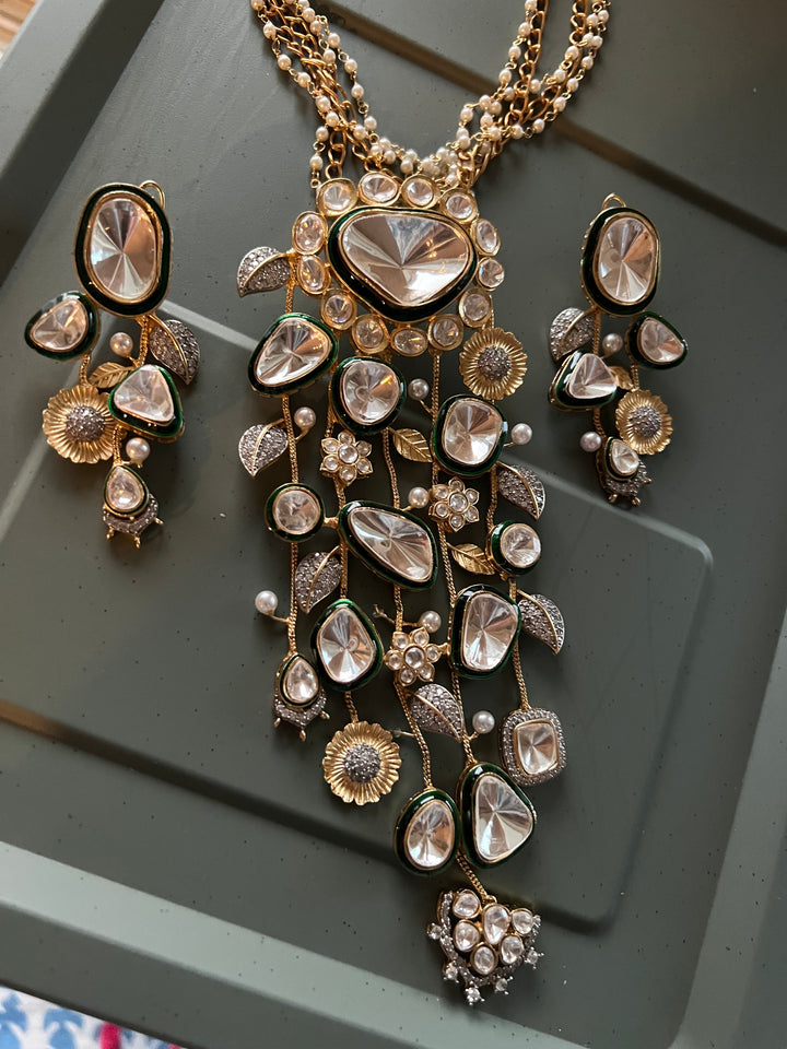 Statement CZ Polki Kundan Pendant Necklace with Earrings