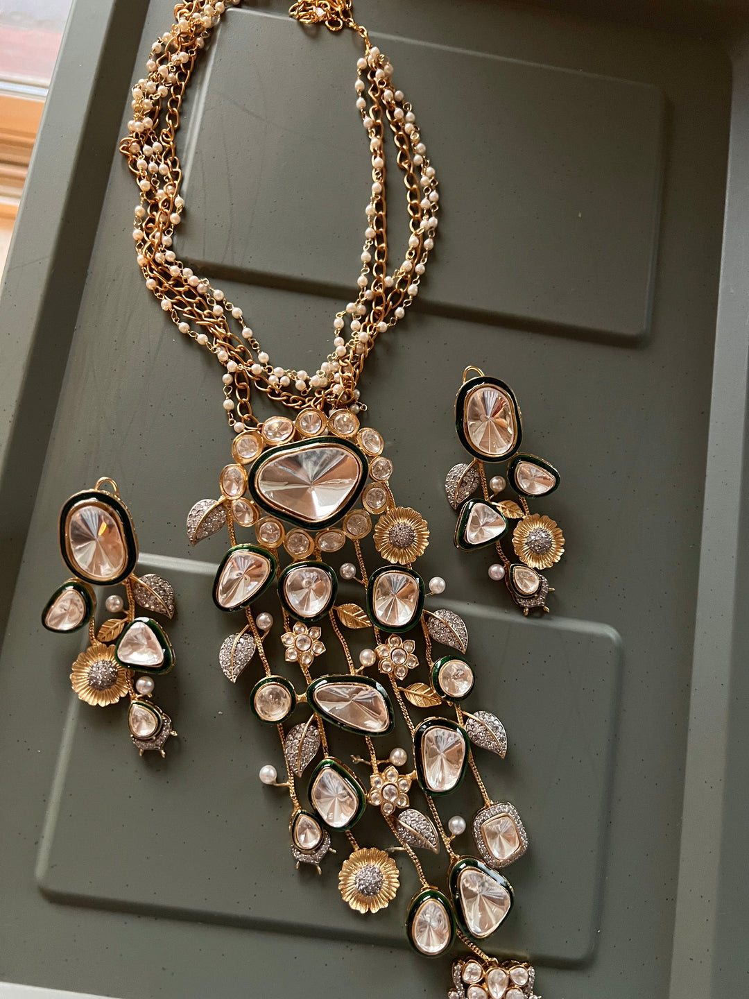 Statement CZ Polki Kundan Pendant Necklace with Earrings