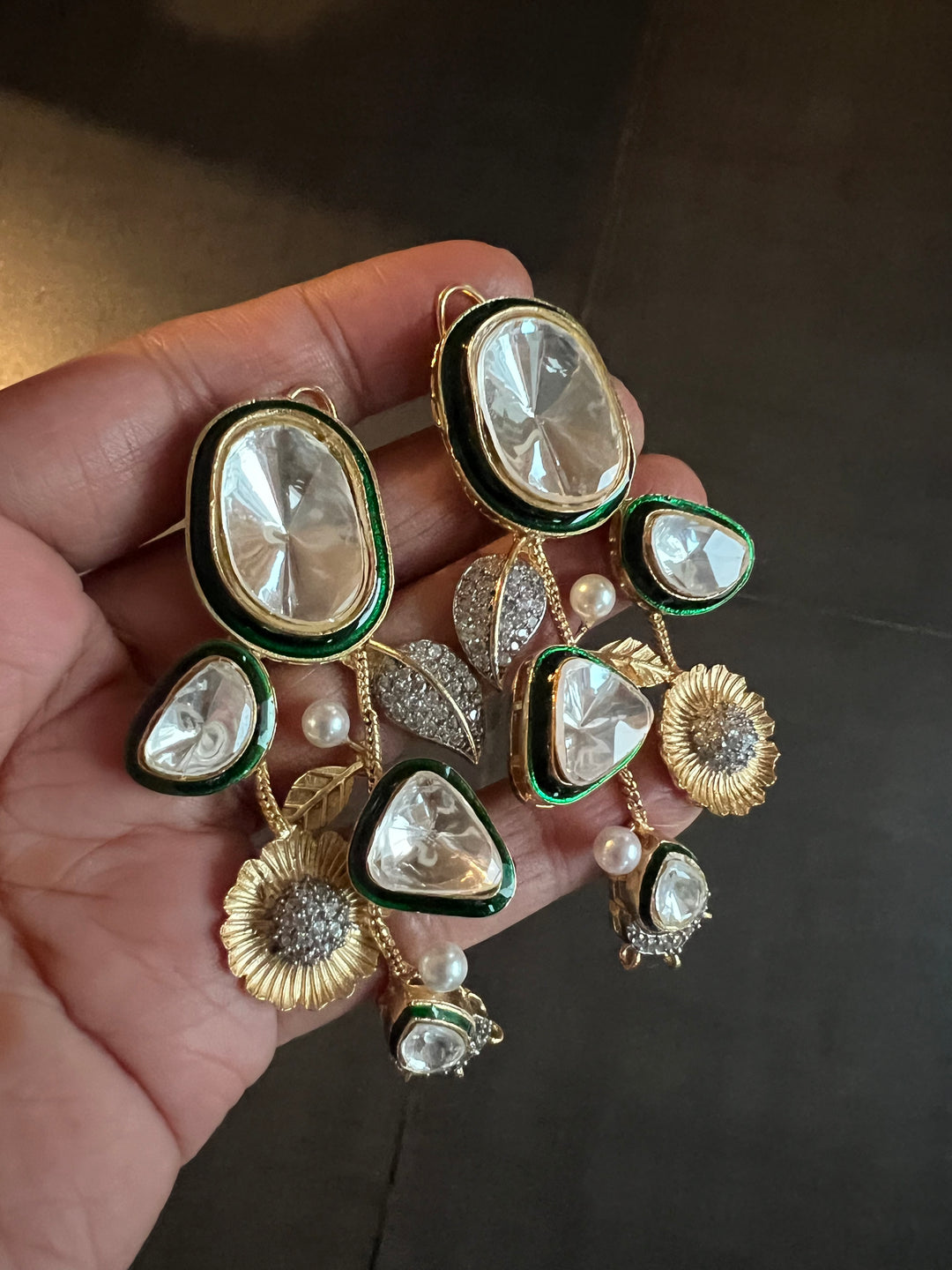 Statement CZ Polki Kundan Pendant Necklace with Earrings