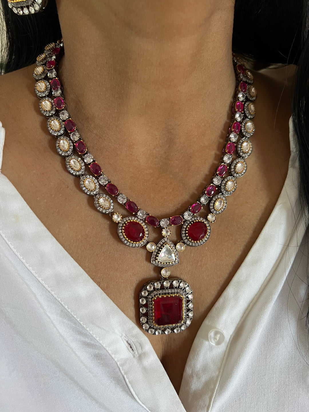 Victorian Red & Pink Necklace with Earrings - Regal Elegance for Wedding Parties!
