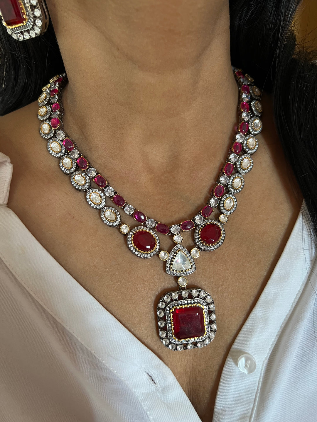 Victorian Red & Pink Necklace with Earrings - Regal Elegance for Wedding Parties!