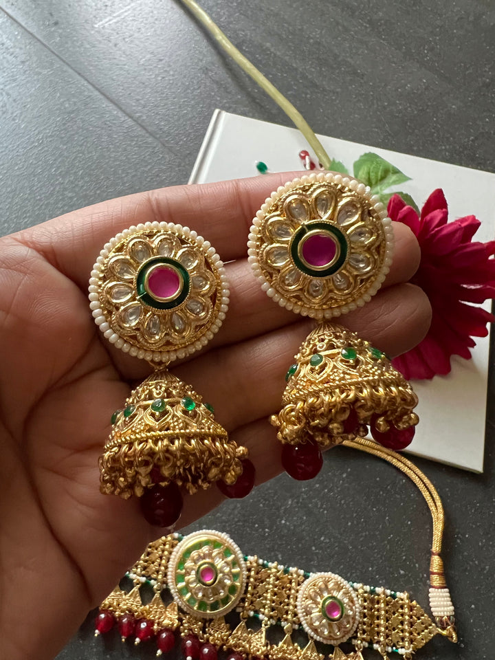 Elegant Gold Tone Choker with Jhumkas - Perfect for Wedding Parties!