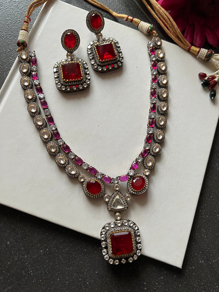 Victorian Red & Pink Necklace with Earrings - Regal Elegance for Wedding Parties!