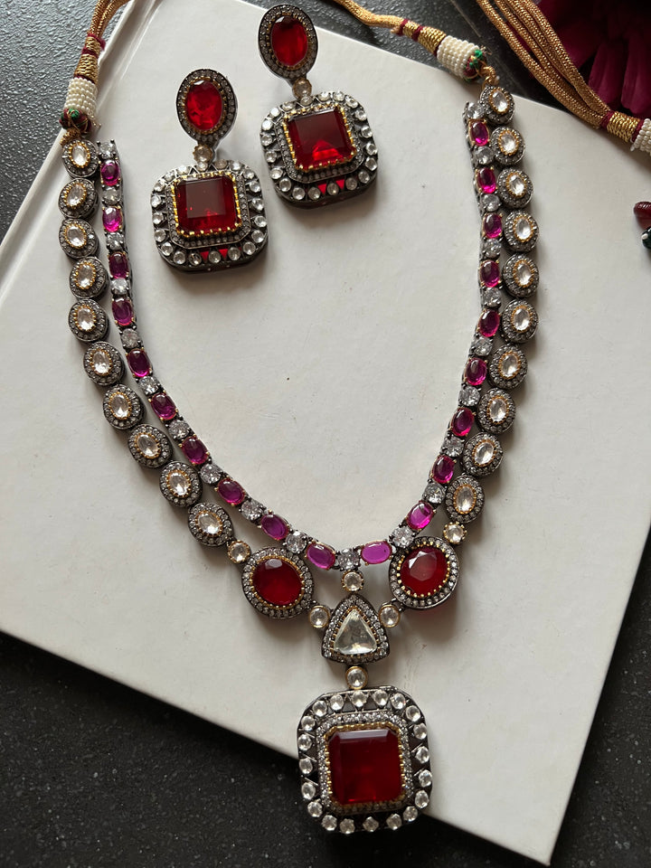 Victorian Red & Pink Necklace with Earrings - Regal Elegance for Wedding Parties!