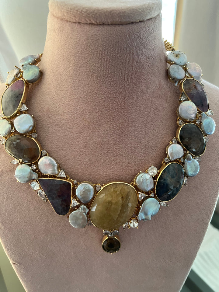 Multi Sapphire and Baroque Pearls Necklace Set - Unmatched Quality and Style