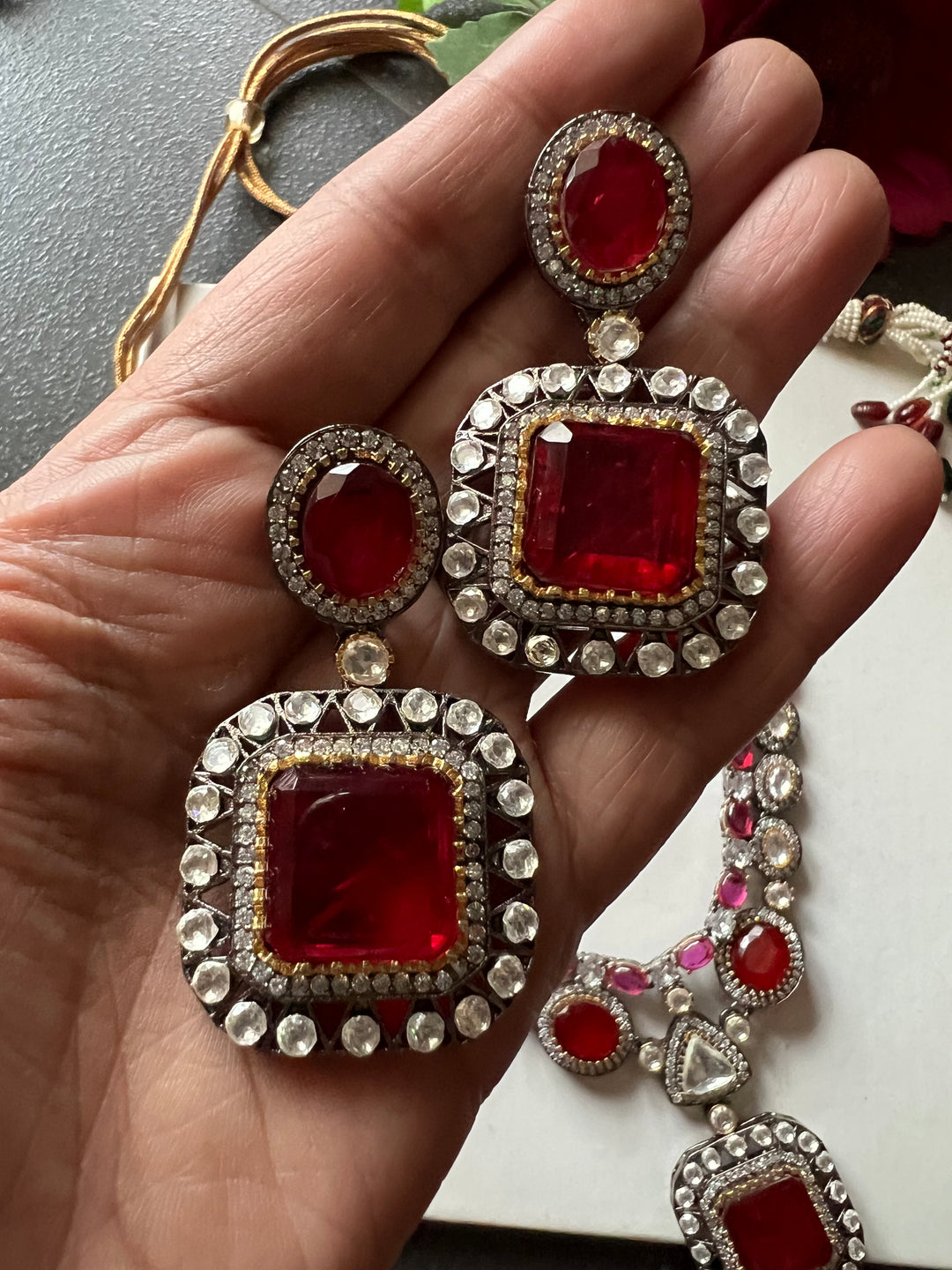 Victorian Red & Pink Necklace with Earrings - Regal Elegance for Wedding Parties!