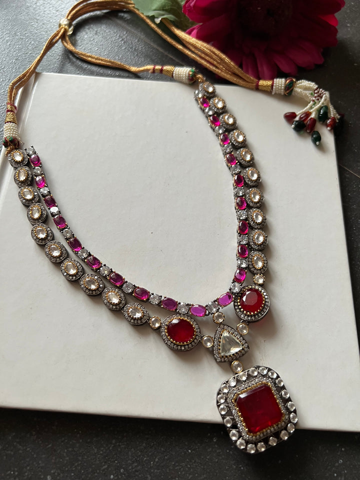 Victorian Red & Pink Necklace with Earrings - Regal Elegance for Wedding Parties!