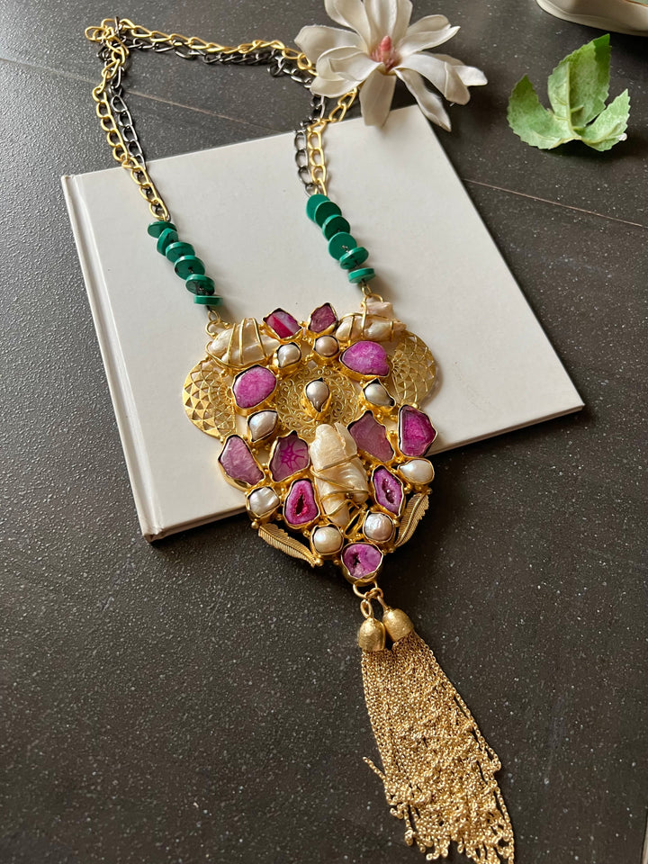 Elegant Pink Agate Baroque Pearls Statement Necklace - Turquoise & Gold Accents