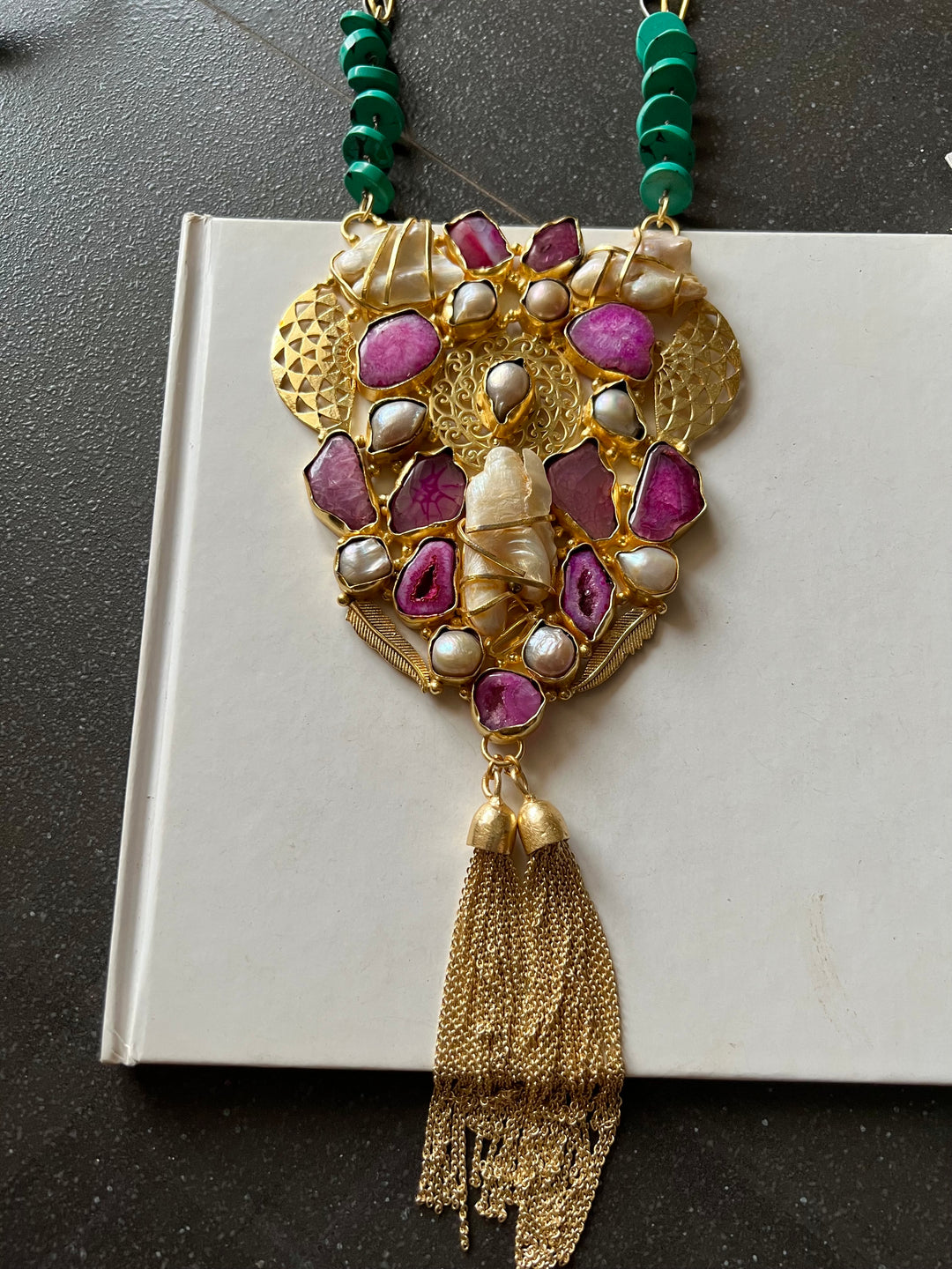 Elegant Pink Agate Baroque Pearls Statement Necklace - Turquoise & Gold Accents