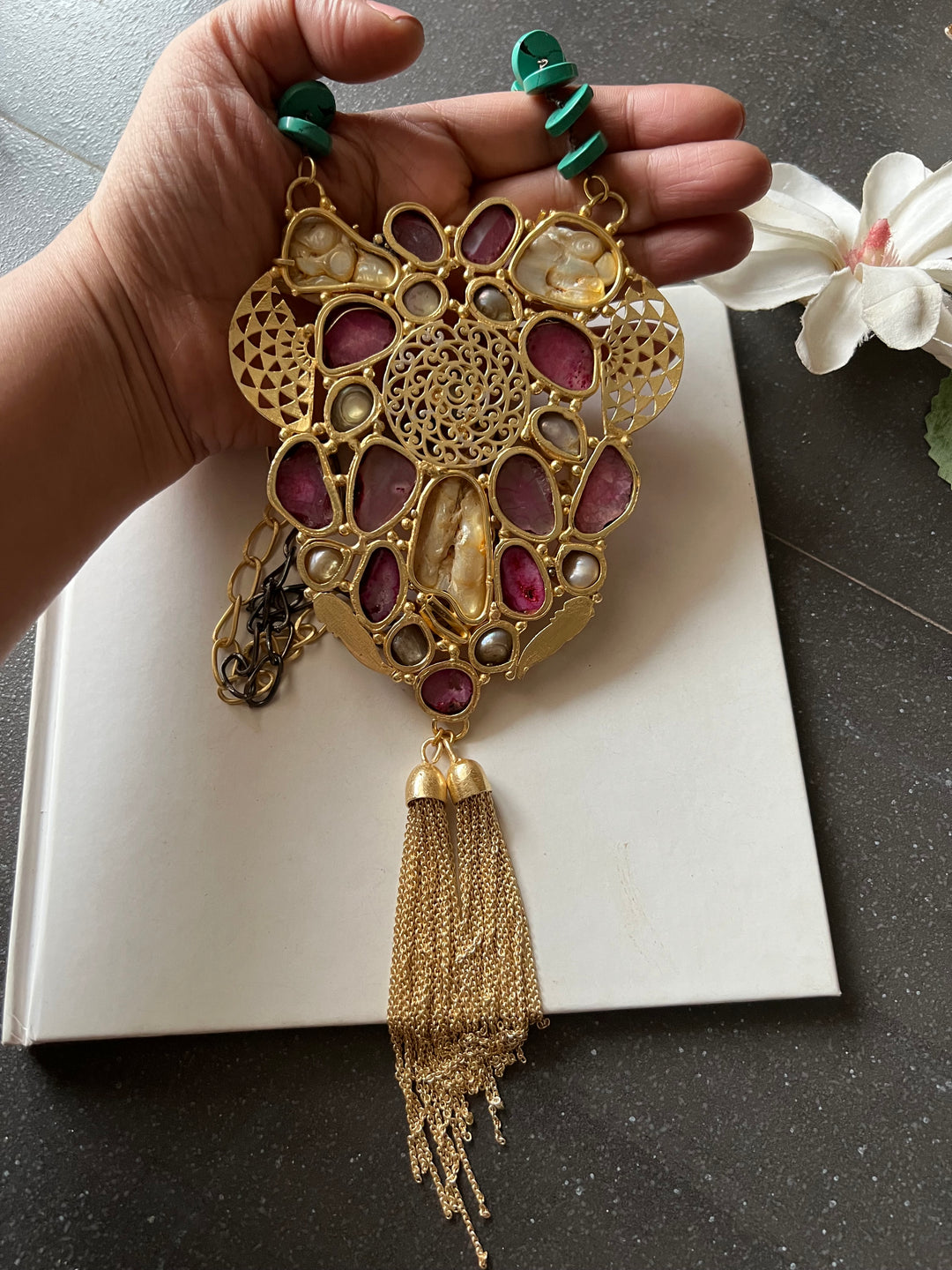 Elegant Pink Agate Baroque Pearls Statement Necklace - Turquoise & Gold Accents