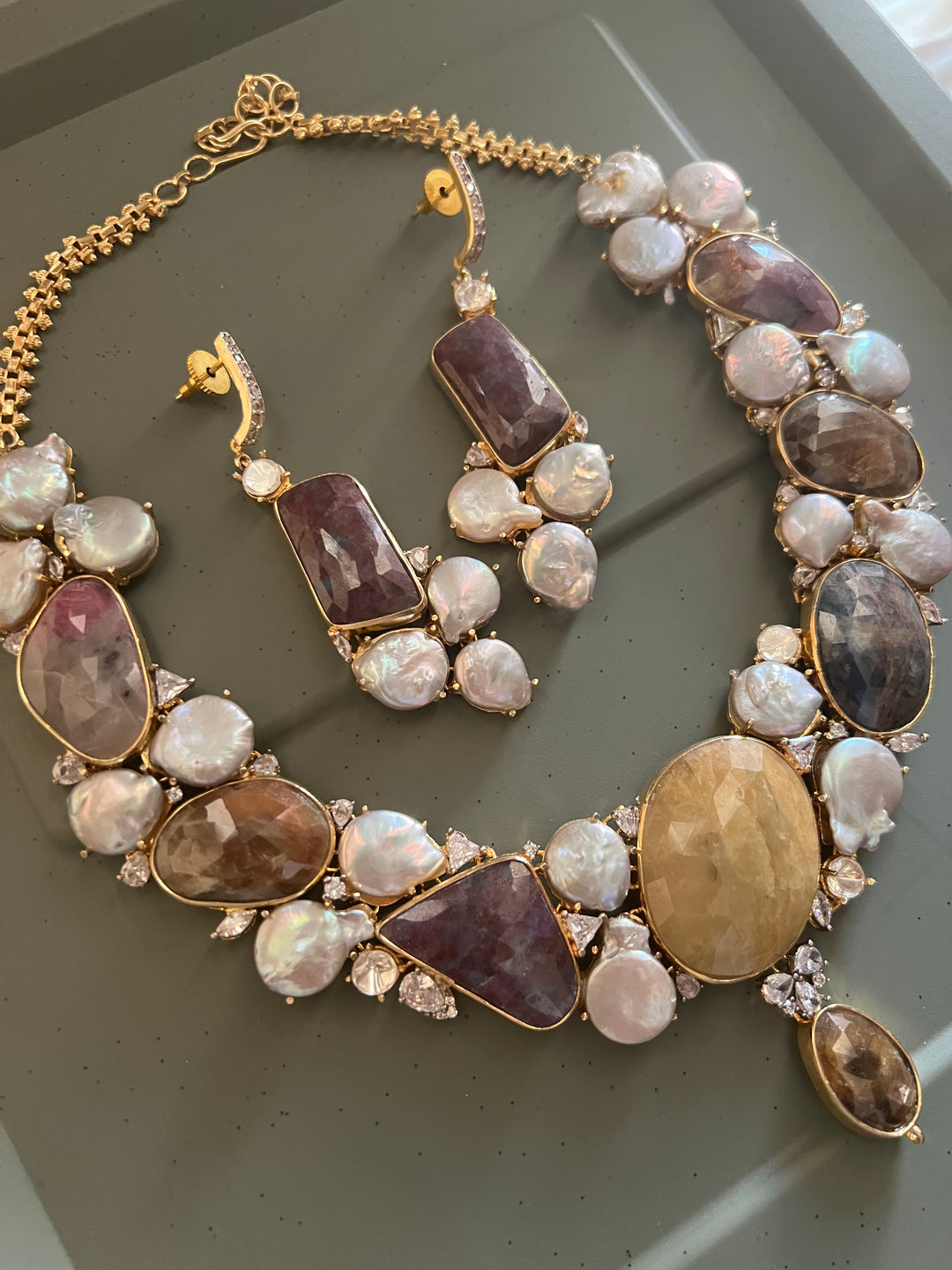 Multi Sapphire and Baroque Pearls Necklace Set - Unmatched Quality and Style