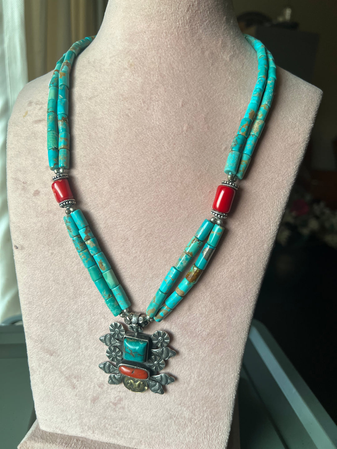 Designer Turquoise and Coral Stone Necklace with 925 Silver Pendant - Premium Quality