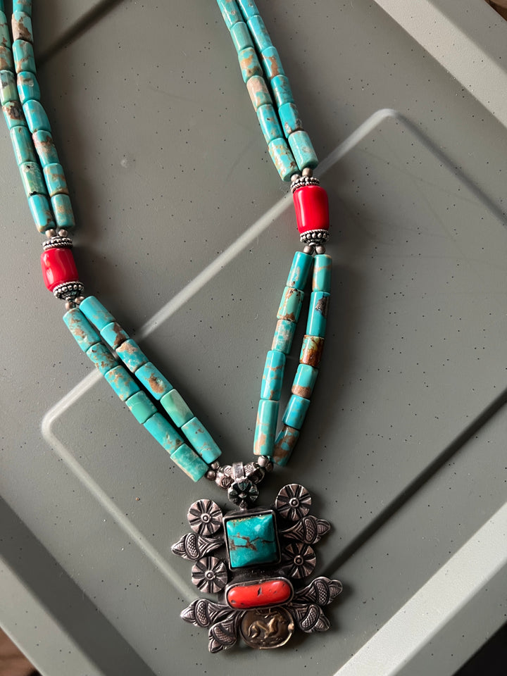 Designer Turquoise and Coral Stone Necklace with 925 Silver Pendant - Premium Quality