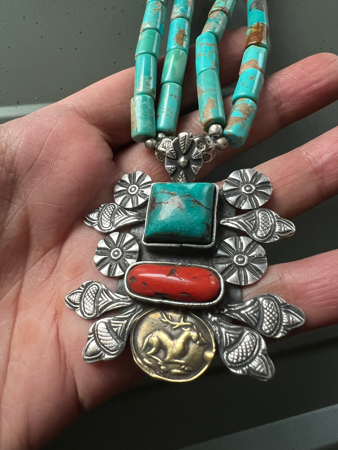 Designer Turquoise and Coral Stone Necklace with 925 Silver Pendant - Premium Quality