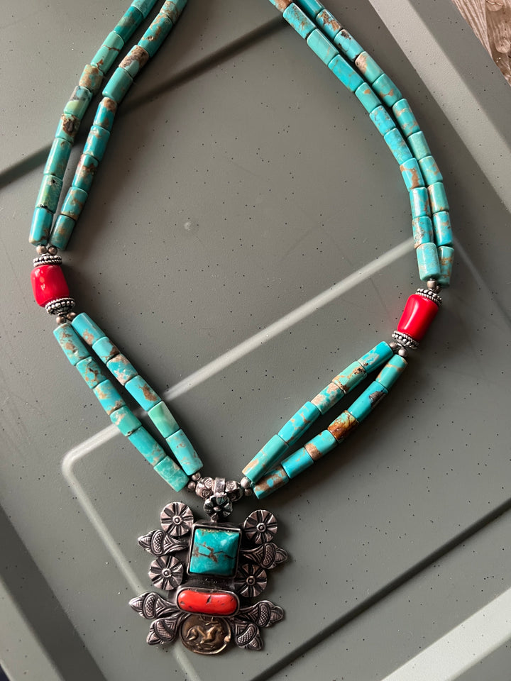 Designer Turquoise and Coral Stone Necklace with 925 Silver Pendant - Premium Quality