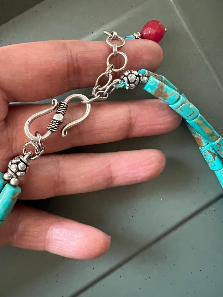 Designer Turquoise and Coral Stone Necklace with 925 Silver Pendant - Premium Quality