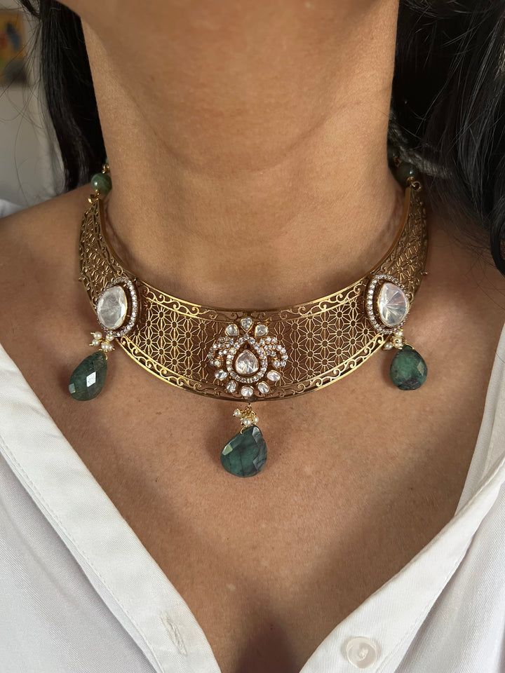 Exquisite Silver Kundan Polki Necklace Set with Carved Emerald Drops