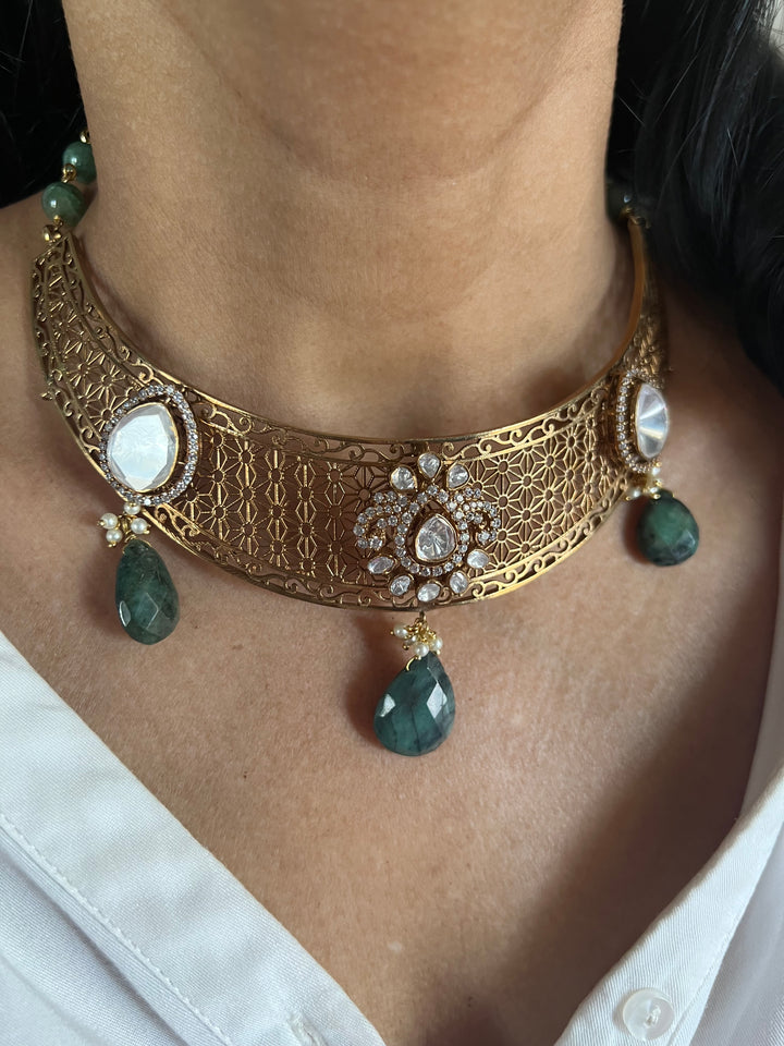 Exquisite Silver Kundan Polki Necklace Set with Carved Emerald Drops