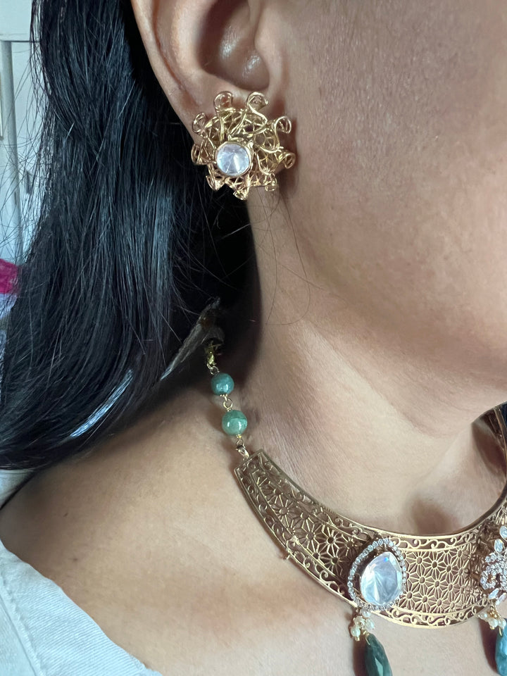 Exquisite Silver Kundan Polki Necklace Set with Carved Emerald Drops