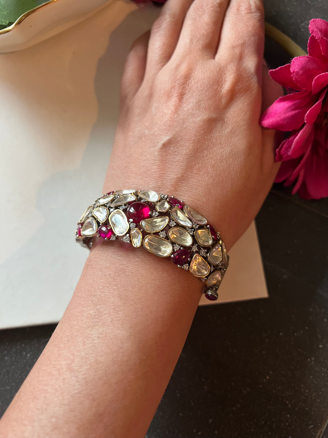 Polki Stone Bracelet - 925 Silver Gold Plated