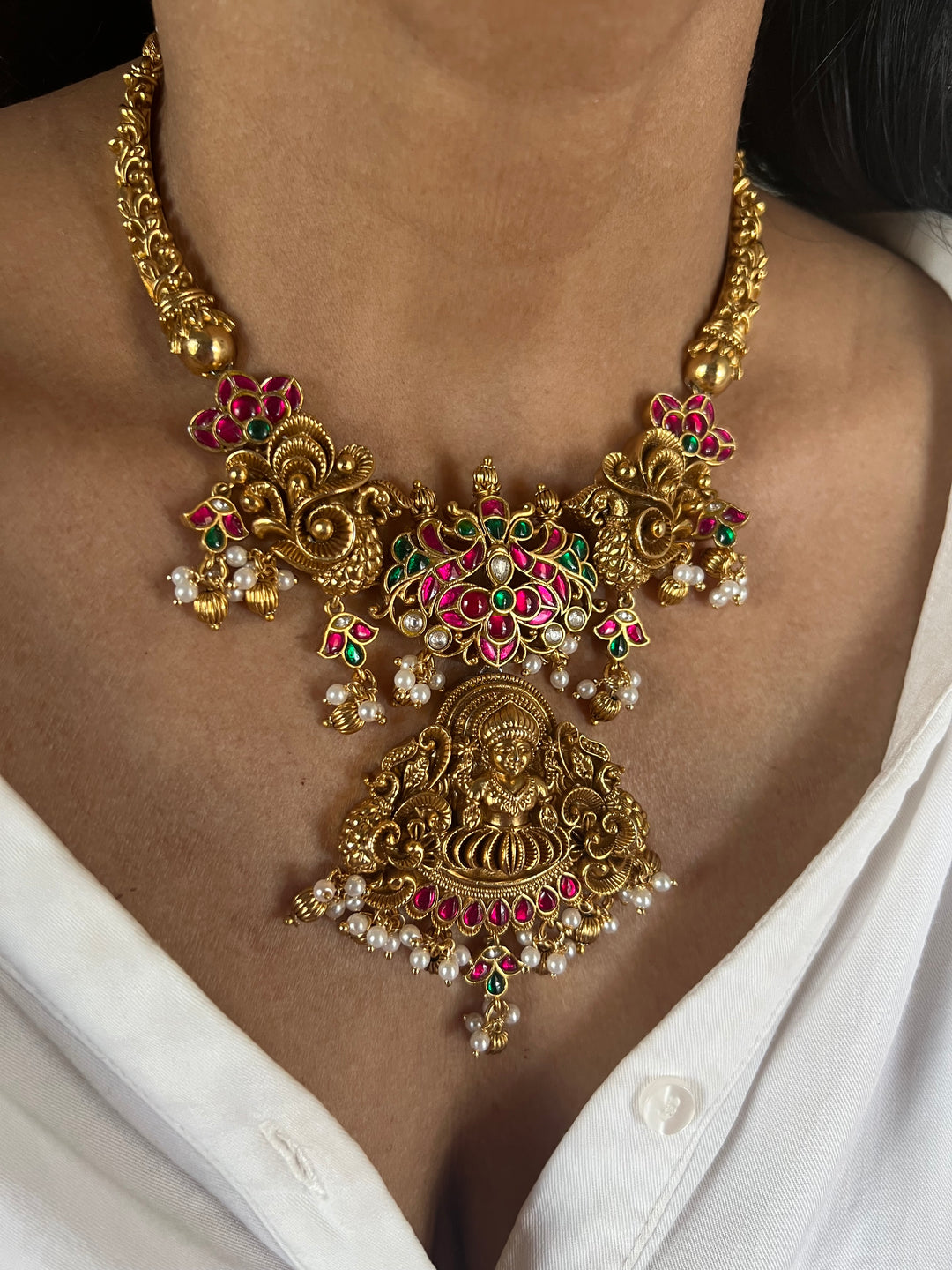 Premium Handcrafted Jadau Temple Jewelry Necklace Set