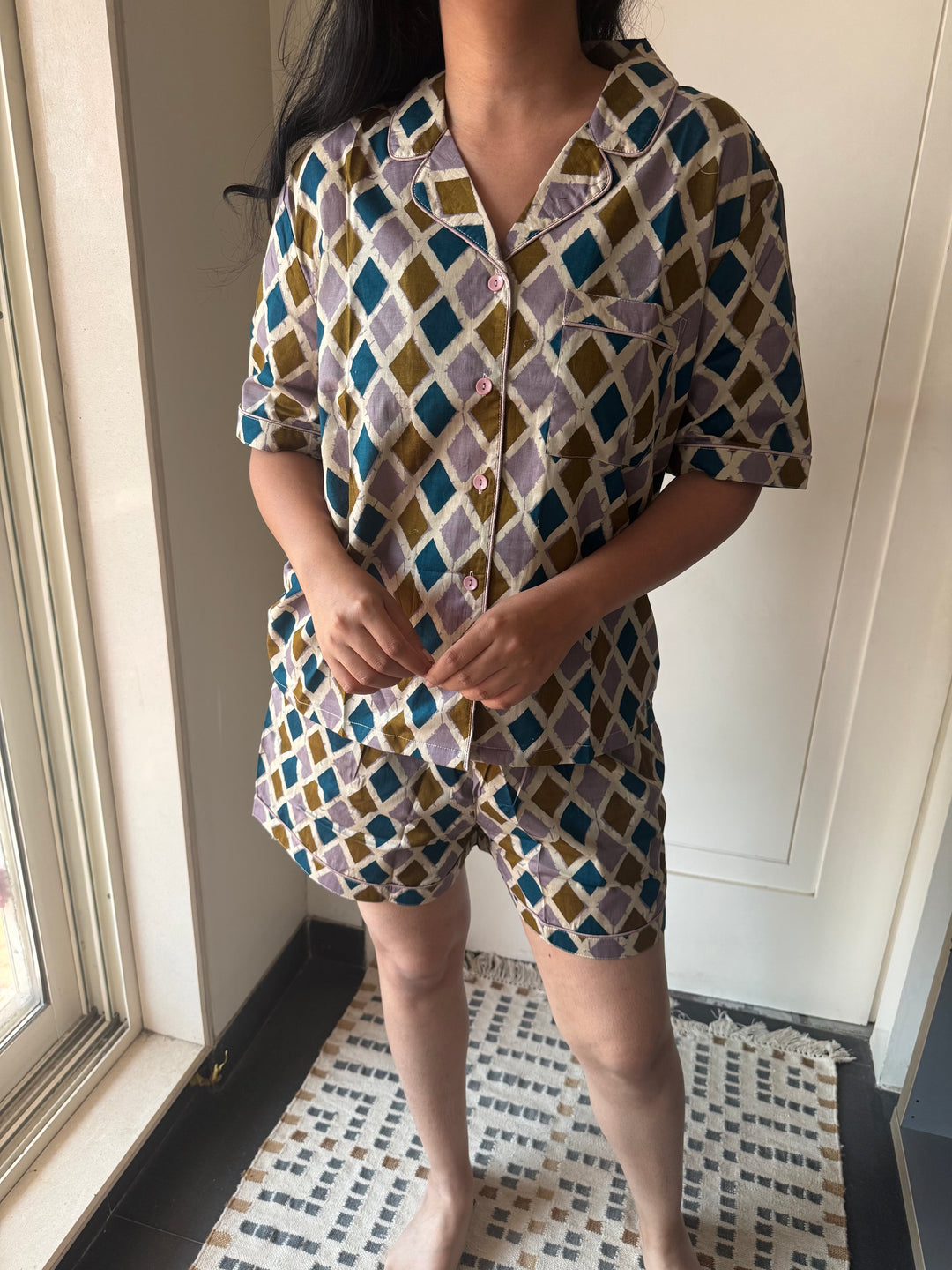 Designer Indian Print Cotton Night Suit - (Shirt and Shorts) Set of Two