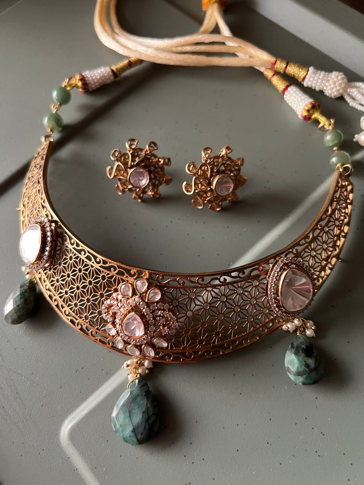 Exquisite Silver Kundan Polki Necklace Set with Carved Emerald Drops