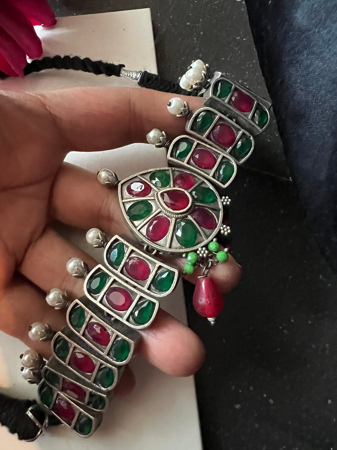 Elegant Red and Green Statement Necklace with Earrings