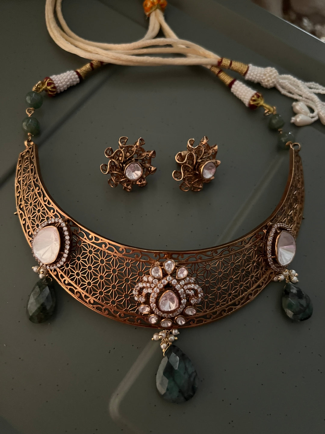 Exquisite Silver Kundan Polki Necklace Set with Carved Emerald Drops