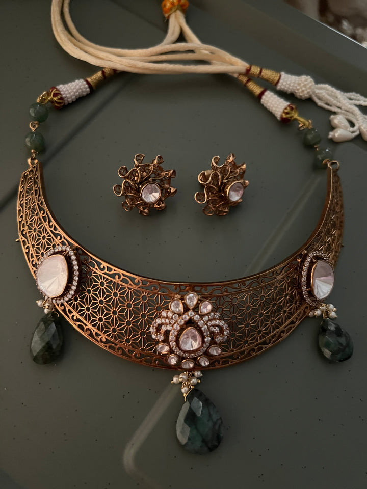 Exquisite Silver Kundan Polki Necklace Set with Carved Emerald Drops
