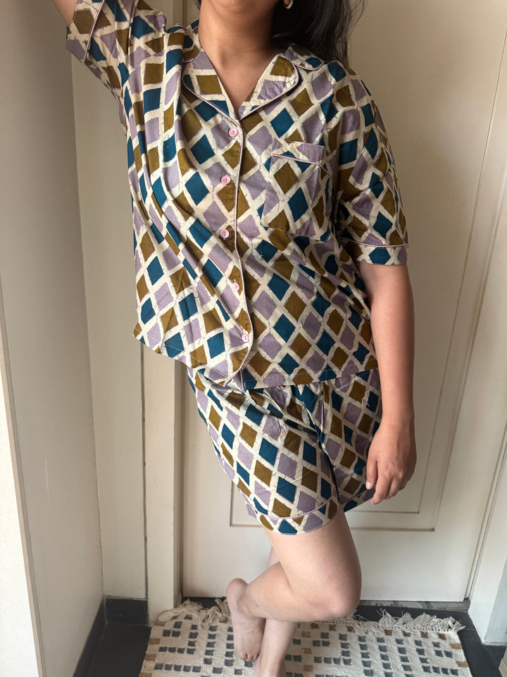 Designer Indian Print Cotton Night Suit - (Shirt and Shorts) Set of Two