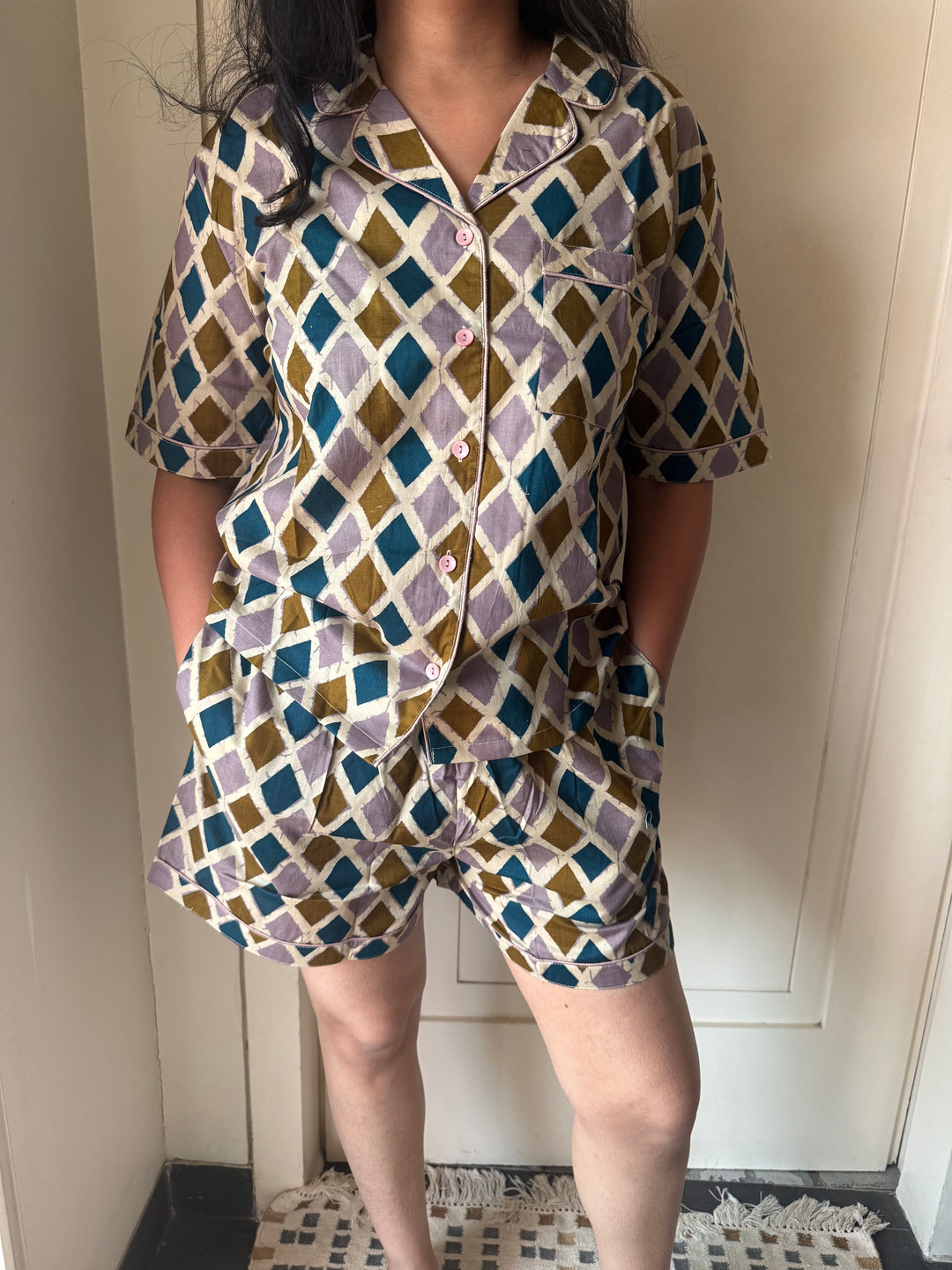 Designer Indian Print Cotton Night Suit - (Shirt and Shorts) Set of Two