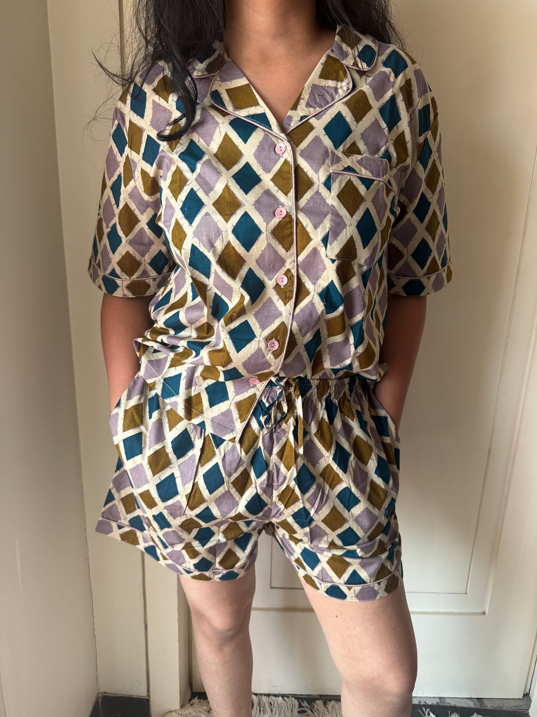 Designer Indian Print Cotton Night Suit - (Shirt and Shorts) Set of Two