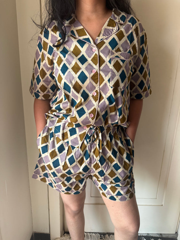 Designer Indian Print Cotton Night Suit - (Shirt and Shorts) Set of Two