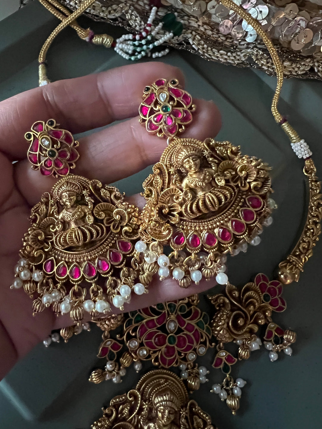 Premium Handcrafted Jadau Temple Jewelry Necklace Set