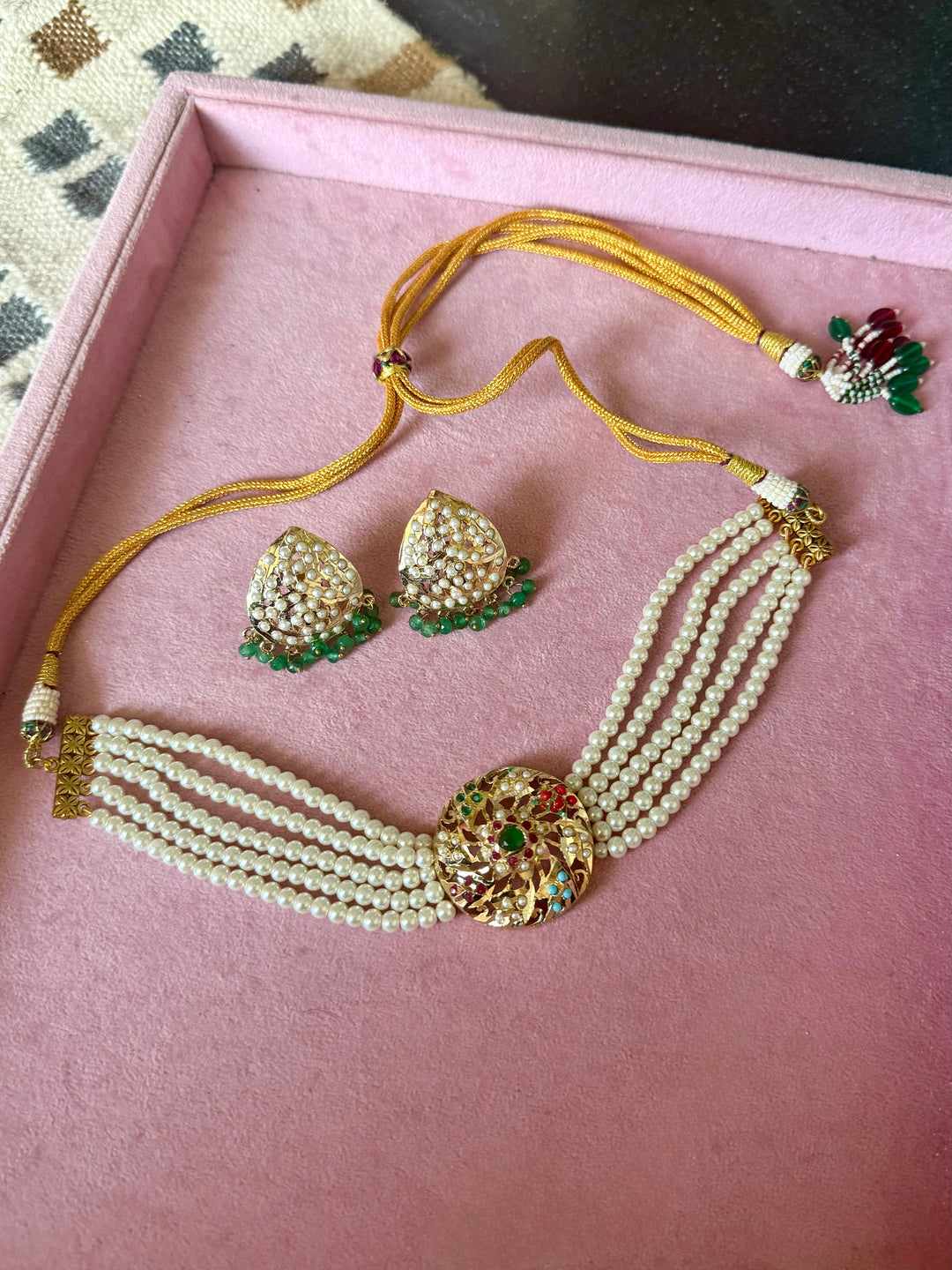 Statement Jadau Choker Necklace Set | 18k Gold Plated | Copper & Semi-Precious Stones