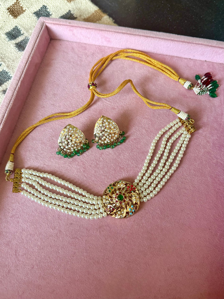 Statement Jadau Choker Necklace Set | 18k Gold Plated | Copper & Semi-Precious Stones