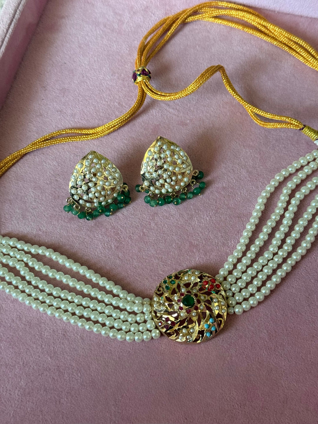 Statement Jadau Choker Necklace Set | 18k Gold Plated | Copper & Semi-Precious Stones