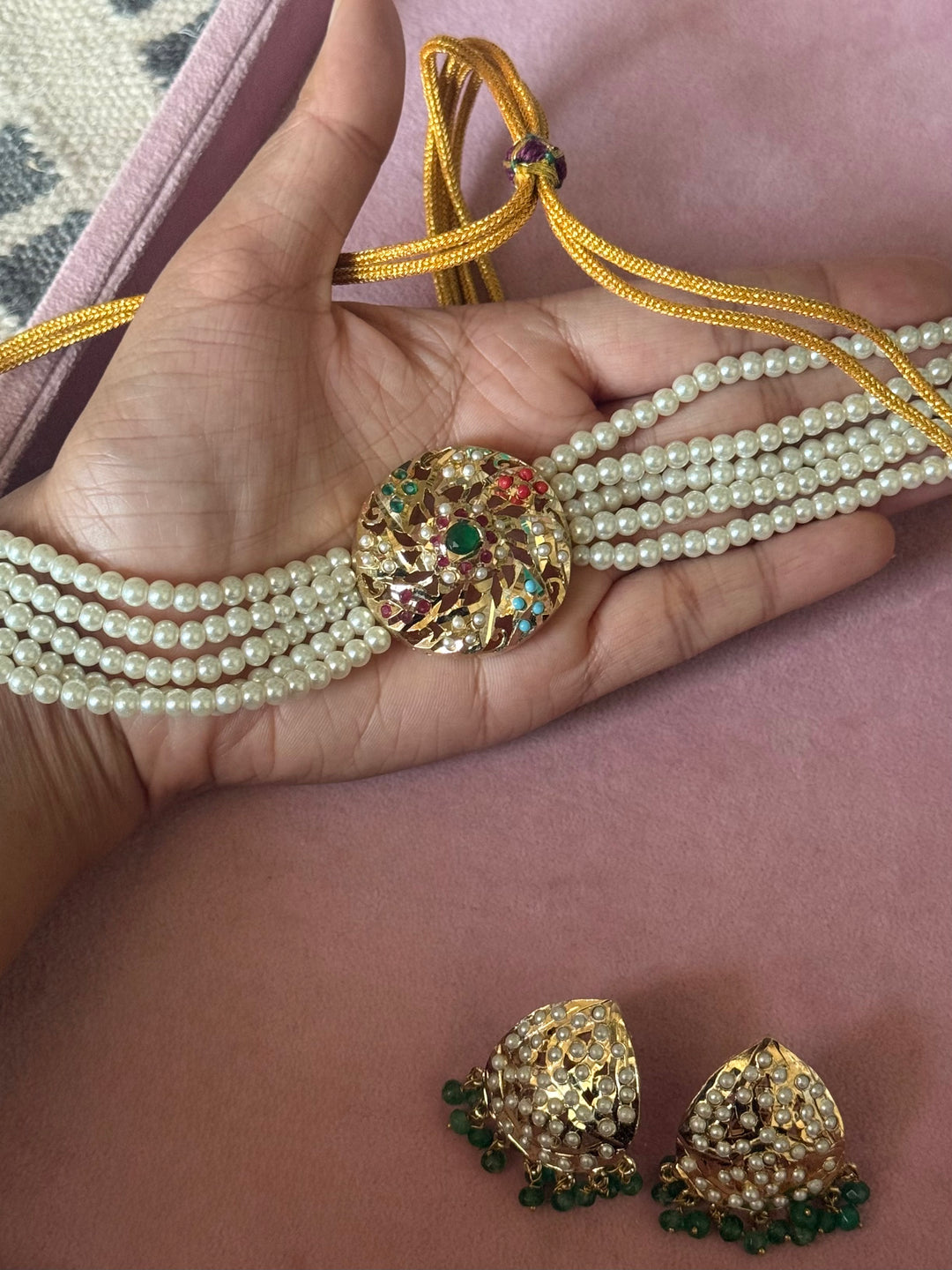 Statement Jadau Choker Necklace Set | 18k Gold Plated | Copper & Semi-Precious Stones
