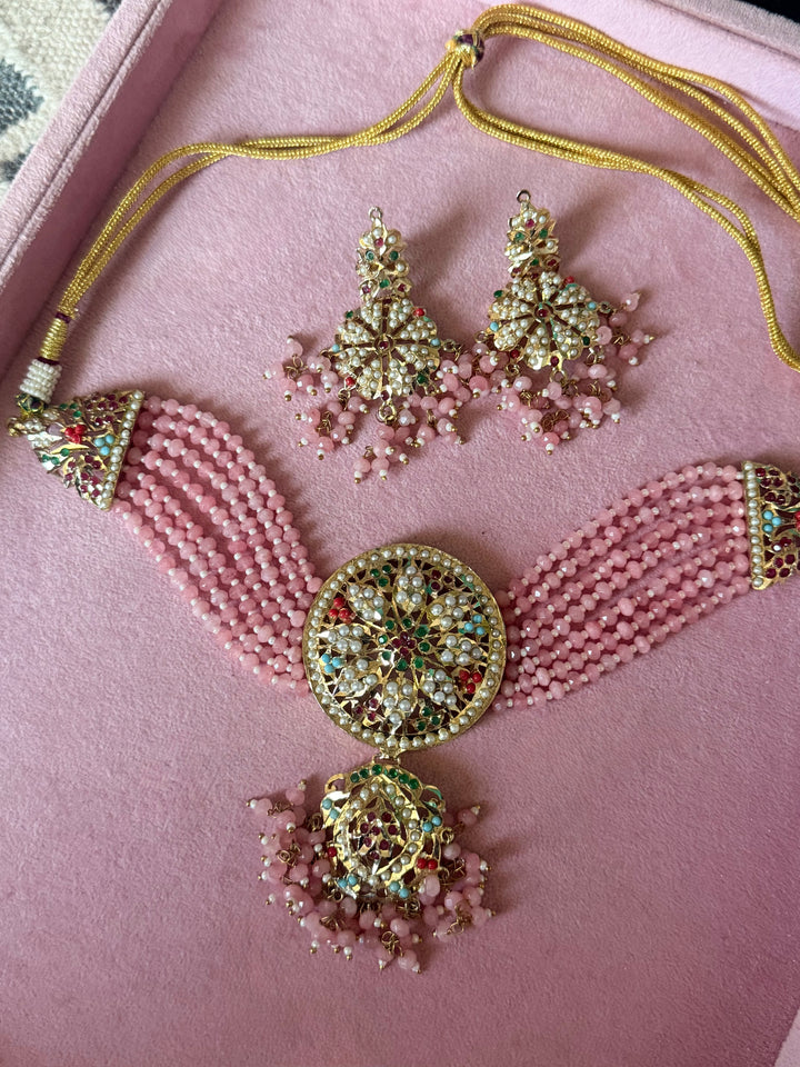 Statement Jadau Choker Necklace Set | 18k Gold Plated | Copper & Semi-Precious Stones