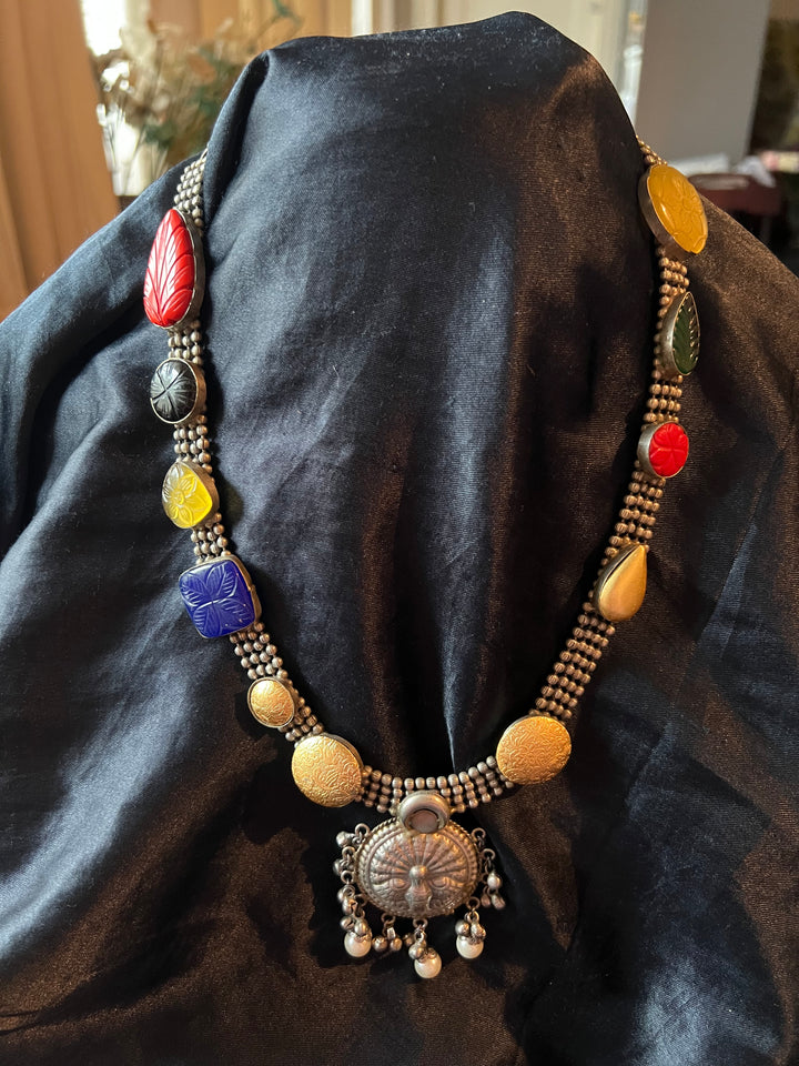 Vintage Artistic Long Necklace with Carved Stones