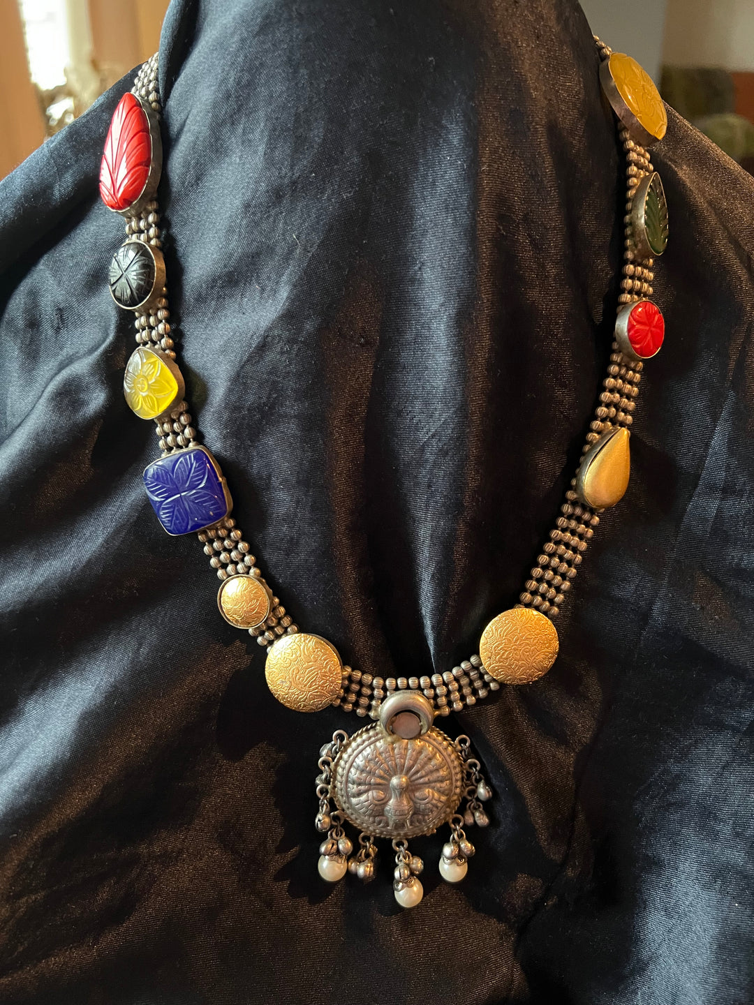 Vintage Artistic Long Necklace with Carved Stones