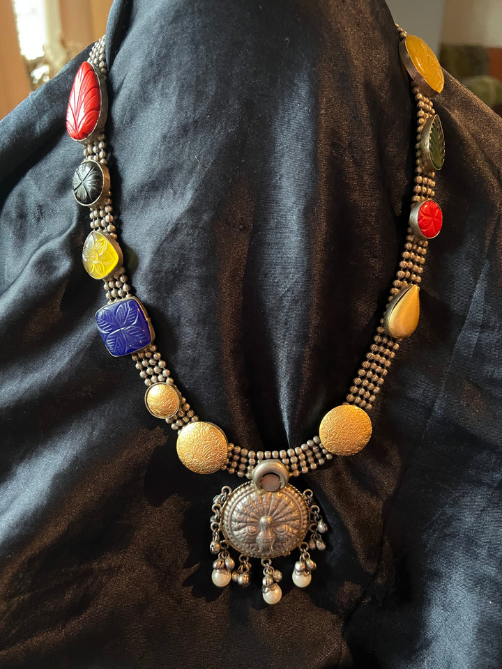 Vintage Artistic Long Necklace with Carved Stones