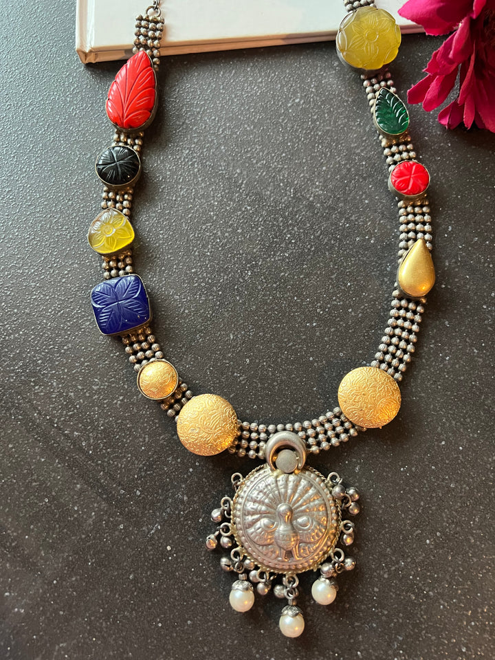 Vintage Artistic Long Necklace with Carved Stones