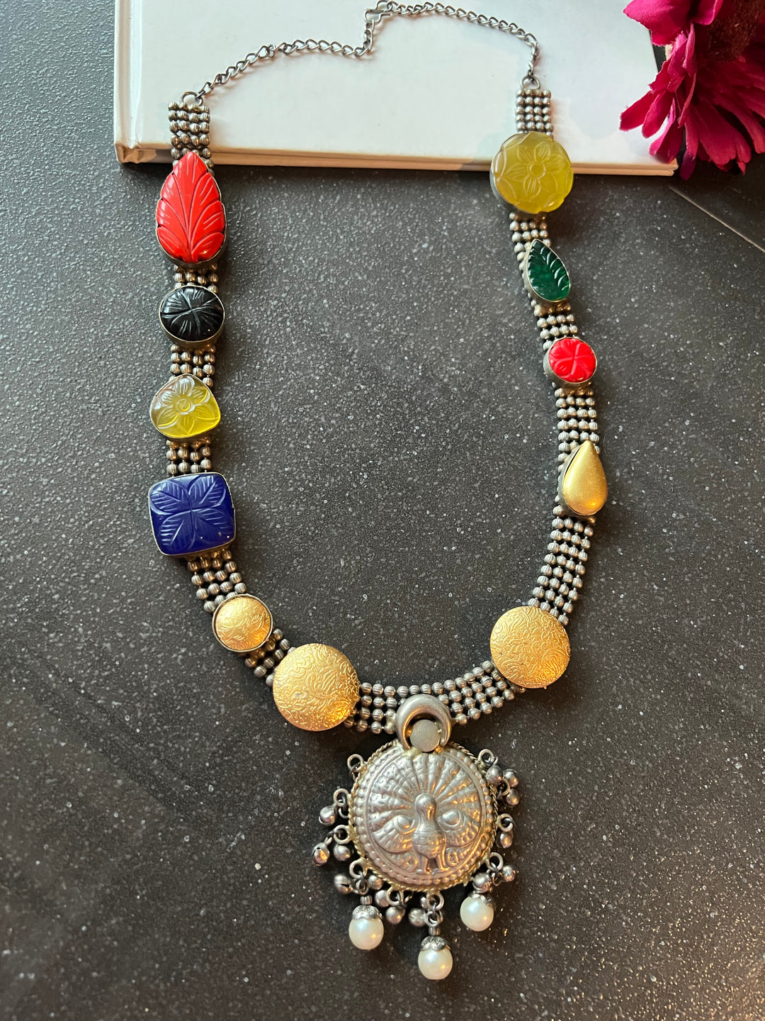 Vintage Artistic Long Necklace with Carved Stones